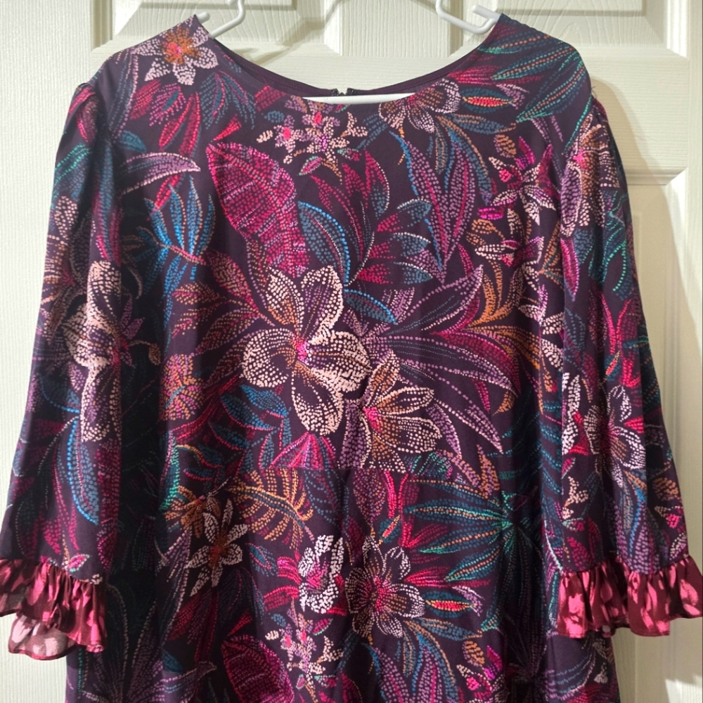 NWT Johnny Was Alicante Tunic Silk Shift Dress, Tropical Print, Ruffle Hem, XL. - Picture 3 of 16